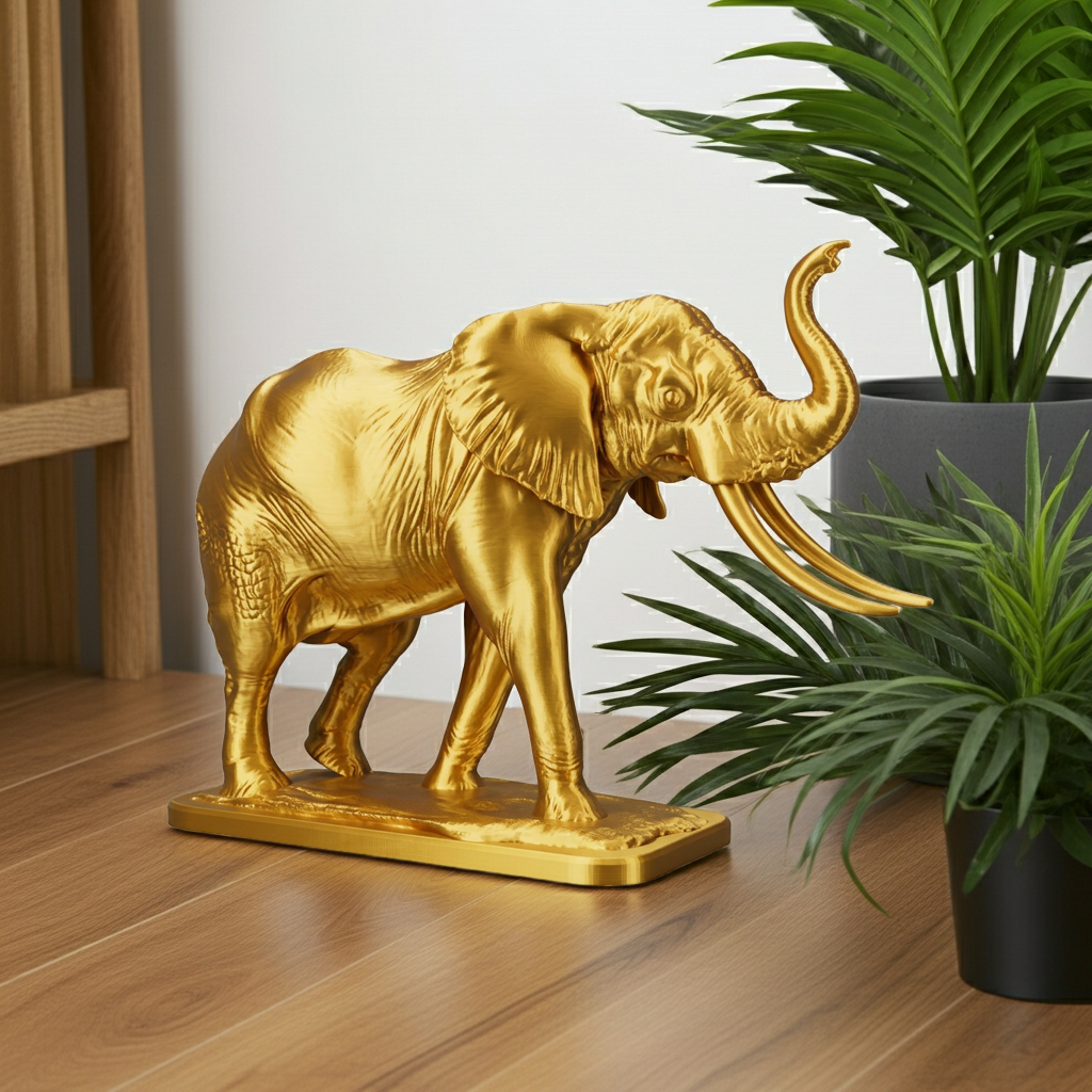 The Majestic Elephant Sculpture in gold finish by MokshaGoldSculptures, handmade PLA decorative statue.
