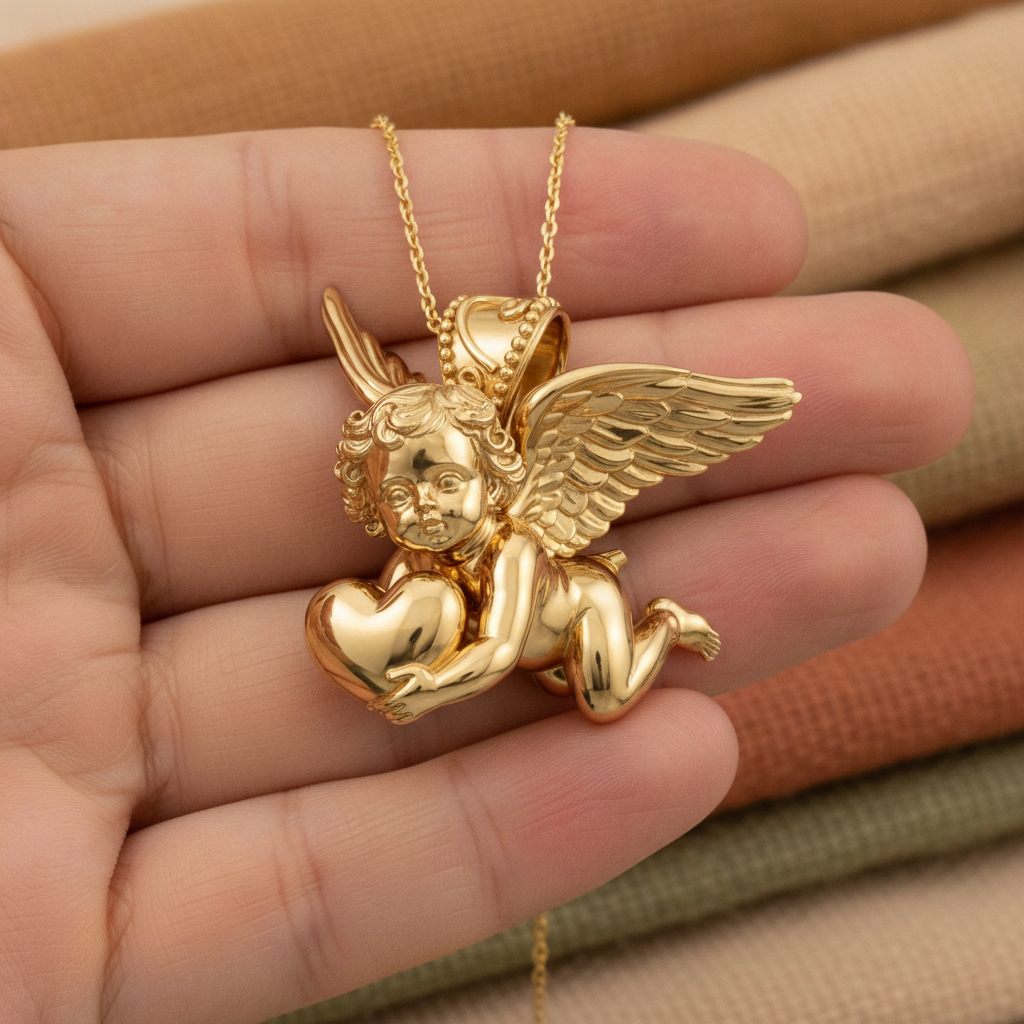 Golden Cherub with Heart Pendant Necklace | Angel of Love & Protection | 9K Gold, Sterling Silver or Polished Brass | Handmade Religious Jewelry Gift