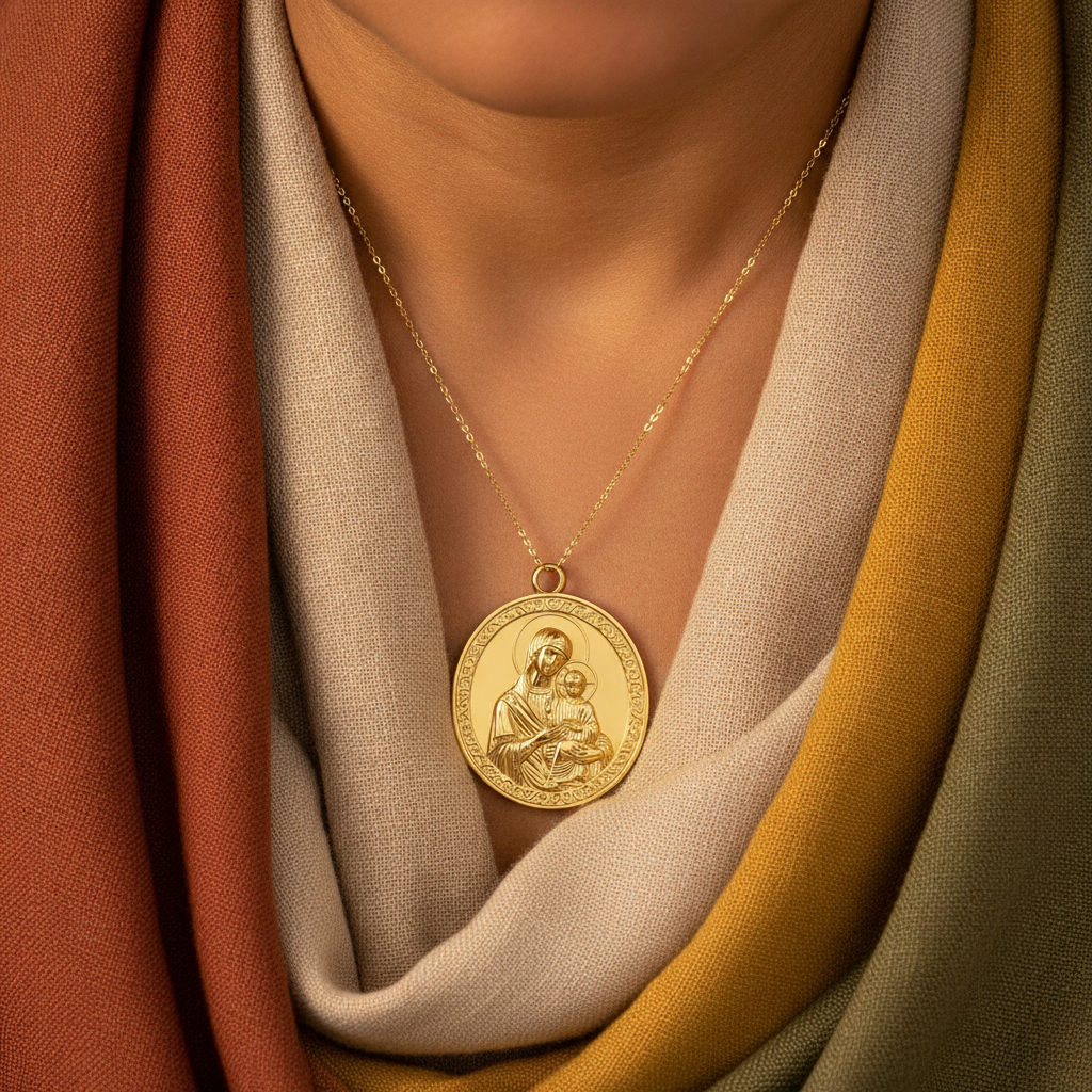 Virgin Mary & Child Coin Pendant Necklace | Blessed Mother Medallion | Christian Jewelry in 18K Gold, Sterling Silver or Yellow Brass
