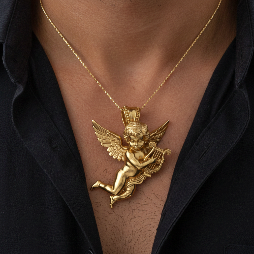 Golden Cherub Harp Pendant Necklace, Guardian Angel Jewelry, 9K Gold Angel Pendant, Sterling Silver Cherub Necklace, Religious Gift