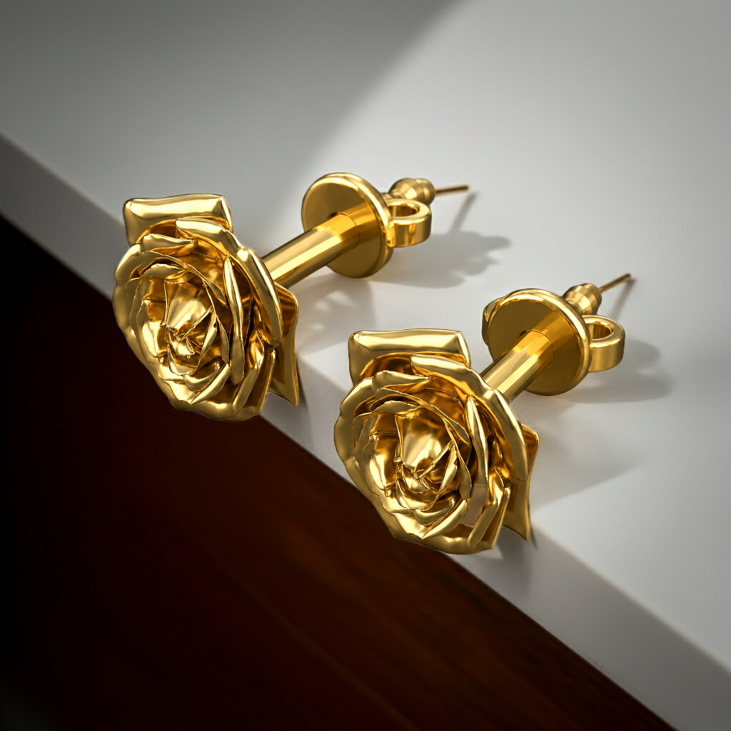 Polished Brass Rose Stud Earrings by MokshaGoldSculptures in reflective finish, elegant floral detail.