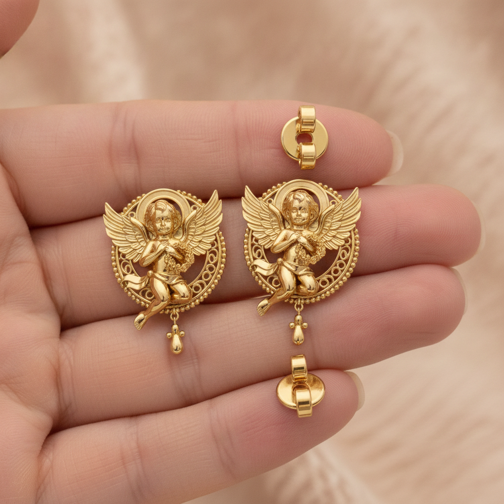 Golden Cherub Angel Stud Earrings | Guardian Angel Jewelry | 9K Gold, Sterling Silver & Yellow Brass | Handmade Religious Gift