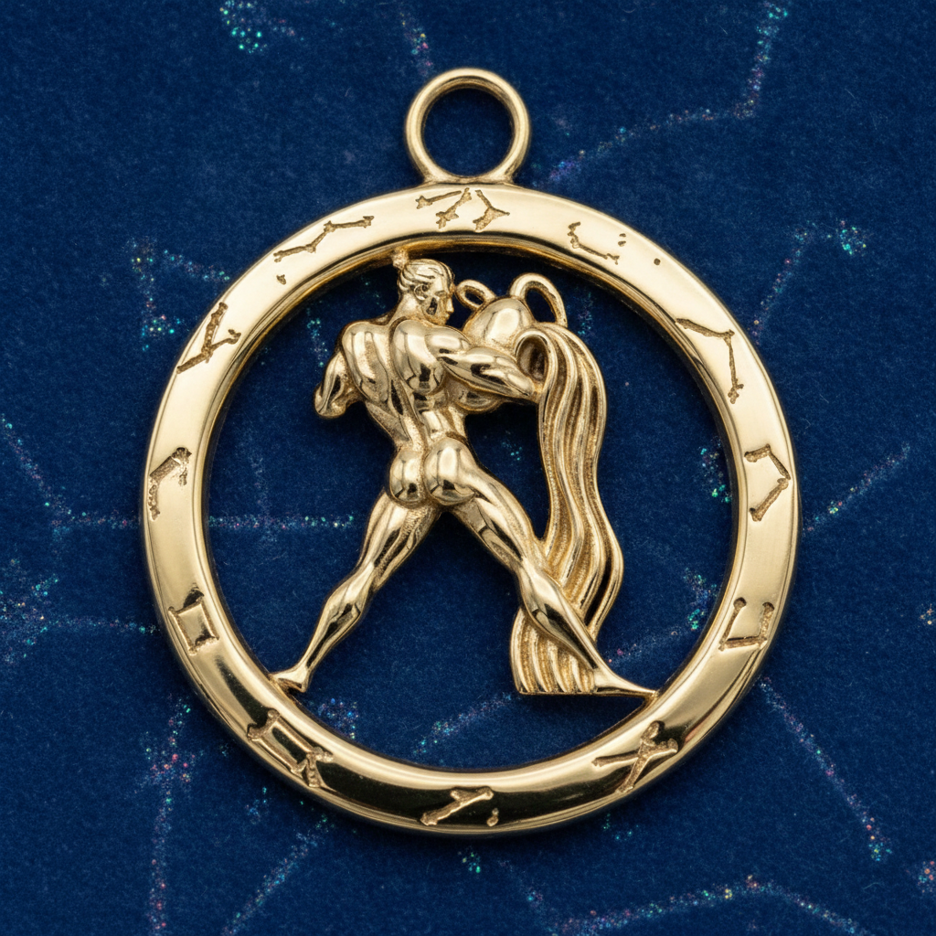 Aquarius Zodiac Pendant Necklace in 9K gold by MokshaGoldSculptures featuring water bearer design.