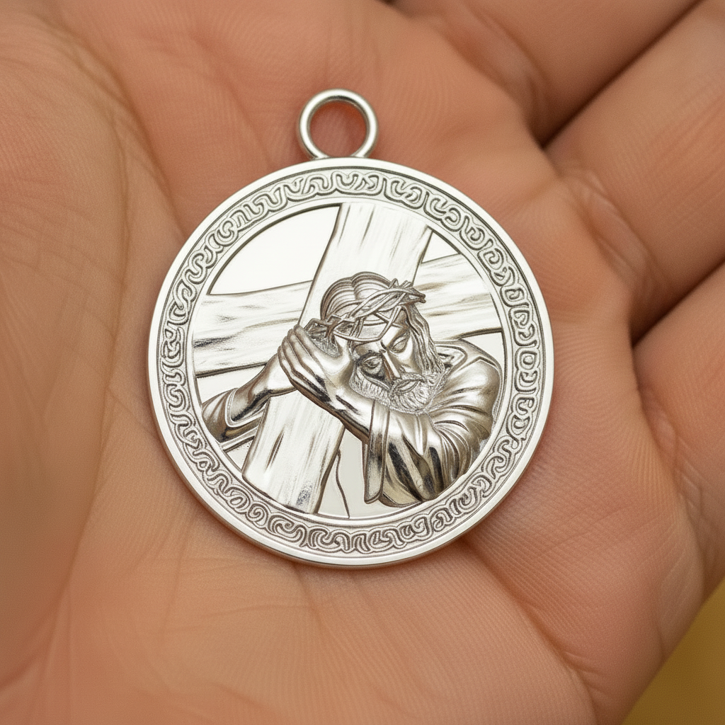 Jesus Carrying the Cross Medallion Pendant in 9K gold, silver, or yellow brass by MokshaGoldSculptures.