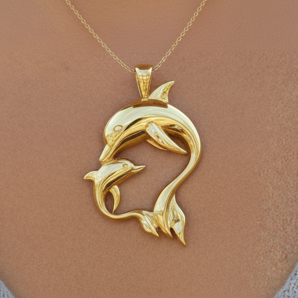The Dolphin Mother & Baby Pendant Necklace in high polished 18K white gold by MokshaGoldSculptures.
