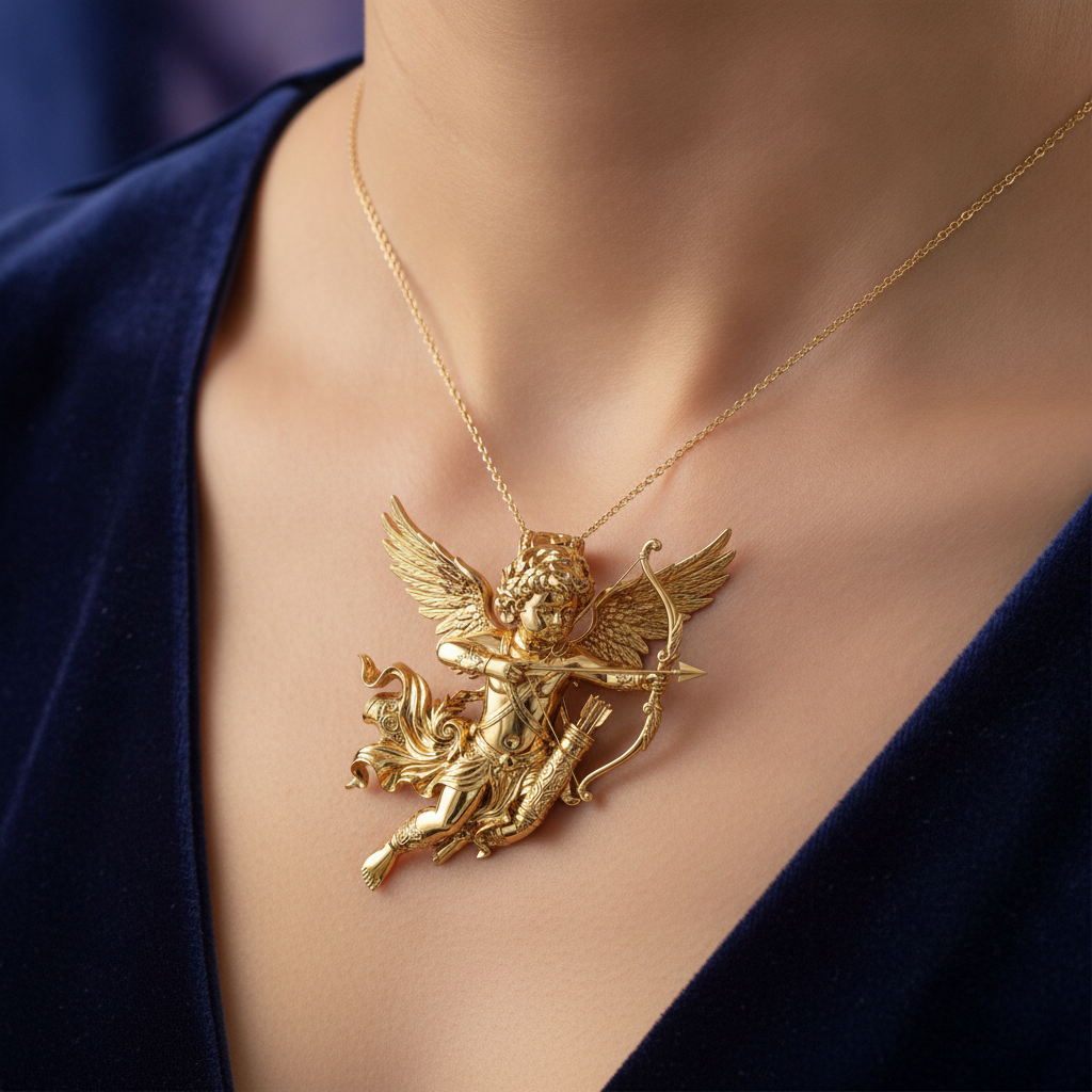 Winged Cupid Archer Pendant Necklace | Cherub Angel with Bow & Arrow | Handmade in 9K Gold, Sterling Silver & Yellow Brass