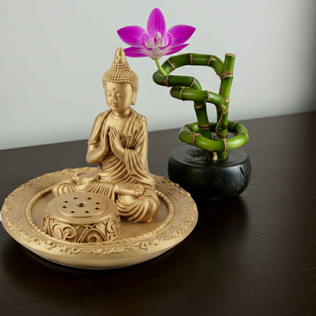 The Buddha Incense Holder Tray in gold PLA finish by MokshaGoldSculptures on dark wood, bamboo, and pink orchid nearby.
