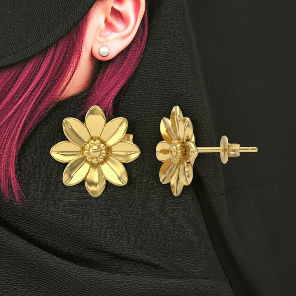 Polished Brass Flower Stud Earrings by MokshaGoldSculptures, floral botanical design shown on black background.