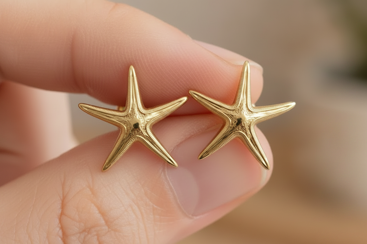 Royal Starfish Stud Earrings | Astropecten articulatus | 9K Gold, Sterling Silver or Polished Yellow Brass | Ocean Jewelry | Nautical Gift