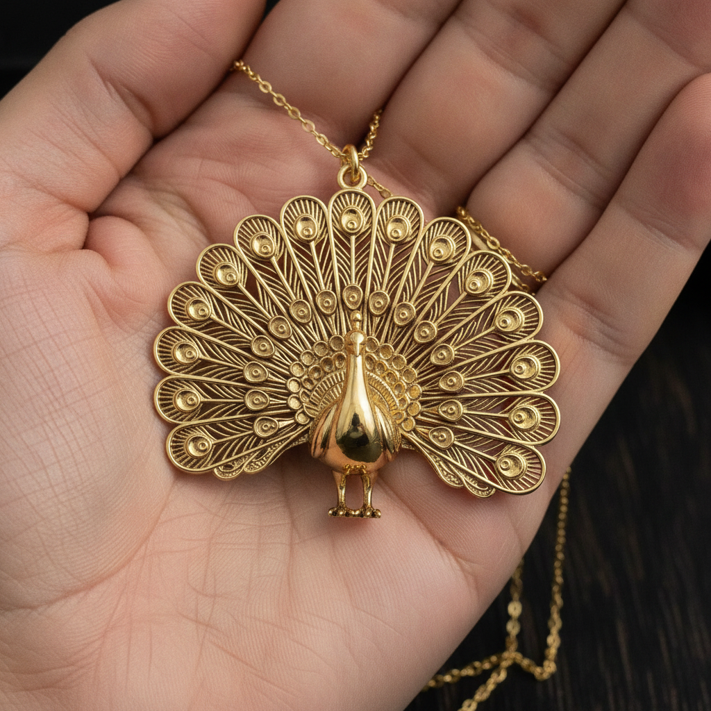 Peacock Pendant Necklace in 9K Gold, Sterling Silver, or Polished Brass by MokshaGoldSculptures held in a hand.
