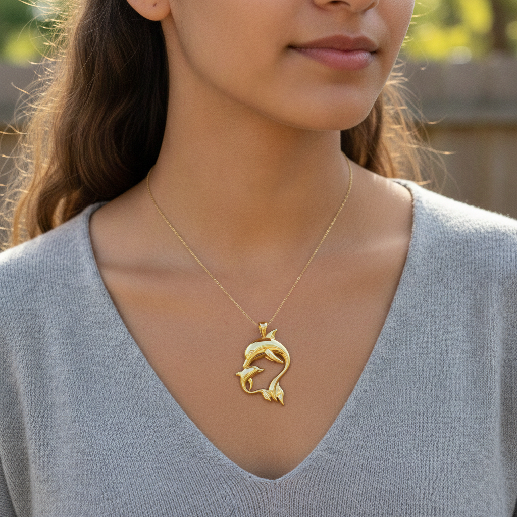 Dolphin Mother & Baby Pendant Necklace in polished yellow brass by MokshaGoldSculptures, heart-shaped dolphin design.