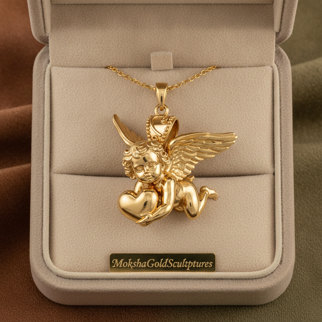 Golden Cherub with Heart Pendant Necklace | Angel of Love & Protection | 9K Gold, Sterling Silver or Polished Brass | Handmade Religious Jewelry Gift