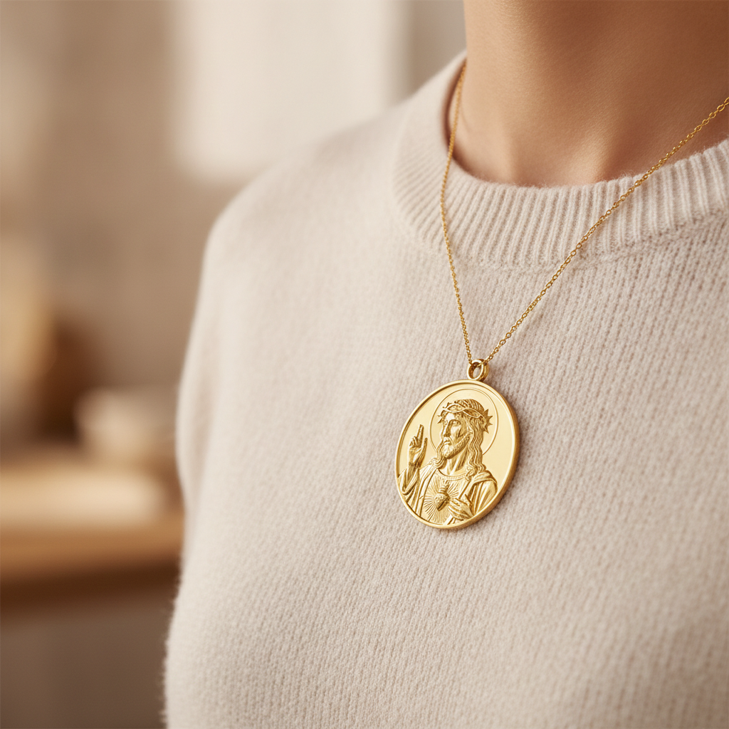 Jesus Sacred Heart Coin Pendant Necklace | 18K Gold Plated, Sterling Silver or Polished Brass | Christian Medallion | Catholic Religious Jewellery | 30mm