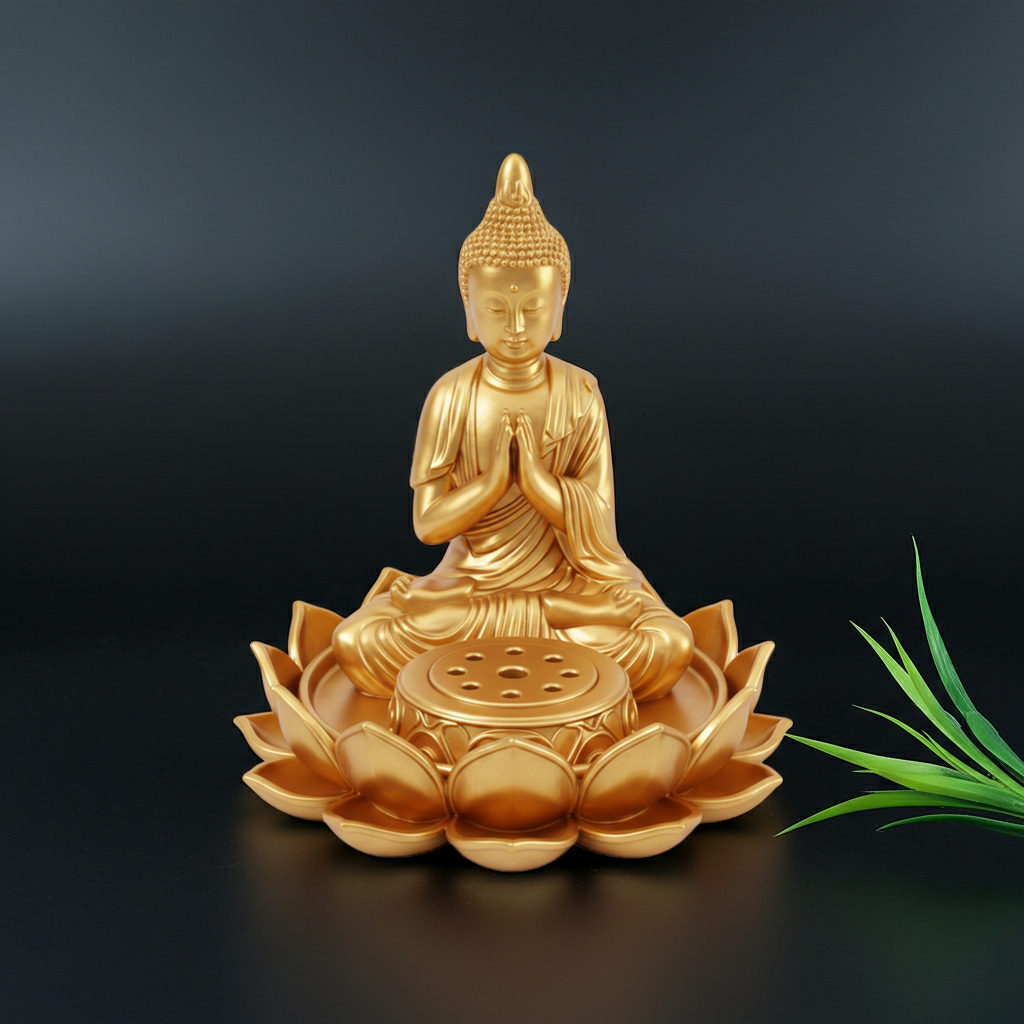 Lotus Buddha Incense Holder in gold finish by MokshaGoldSculptures, featuring meditating Buddha and green leaf accent.