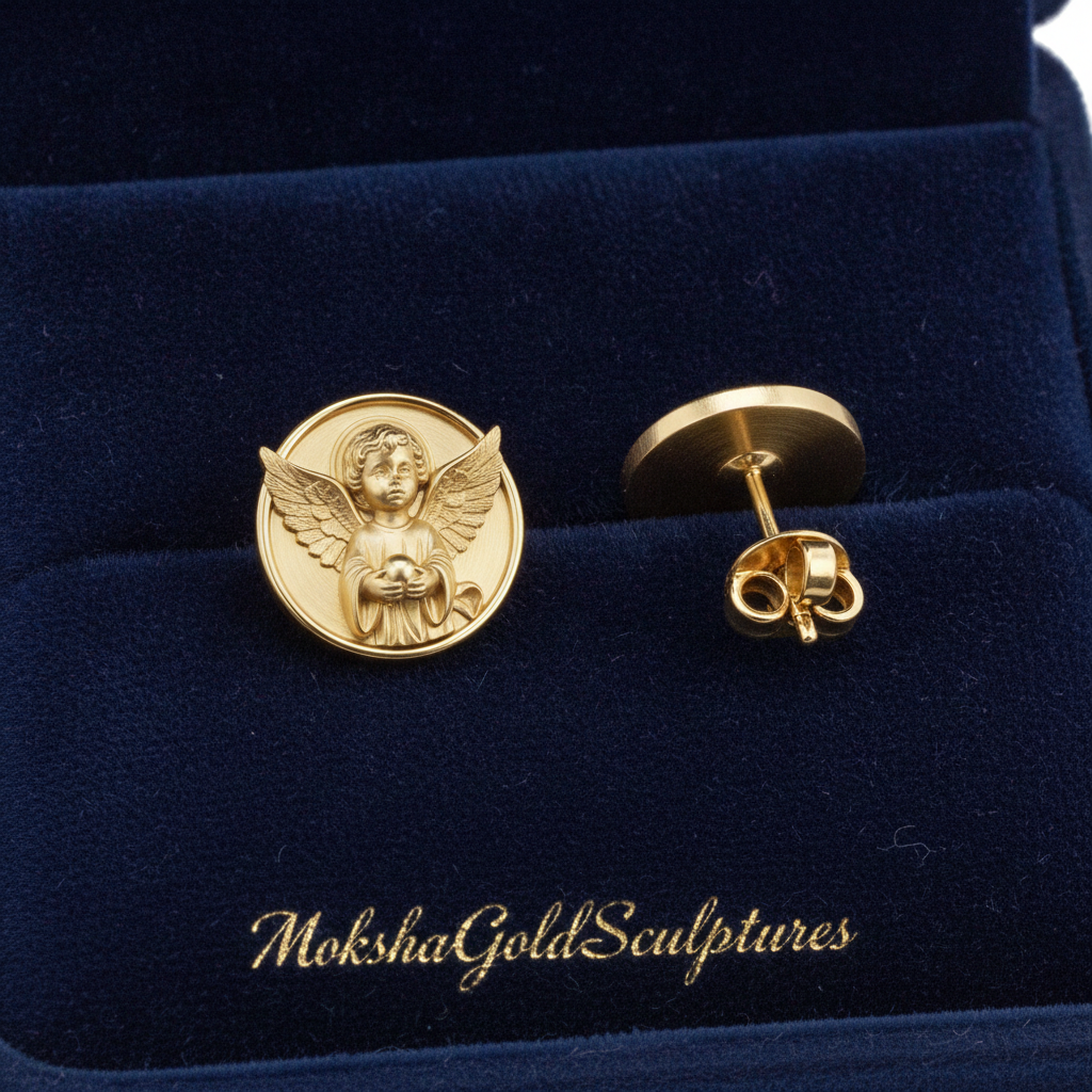 Angel Cherub Medallion Stud Earrings | 9K Gold, Sterling Silver or Brass | Celestial Angel Earrings | Religious Jewelry | Handmade Gift for Her