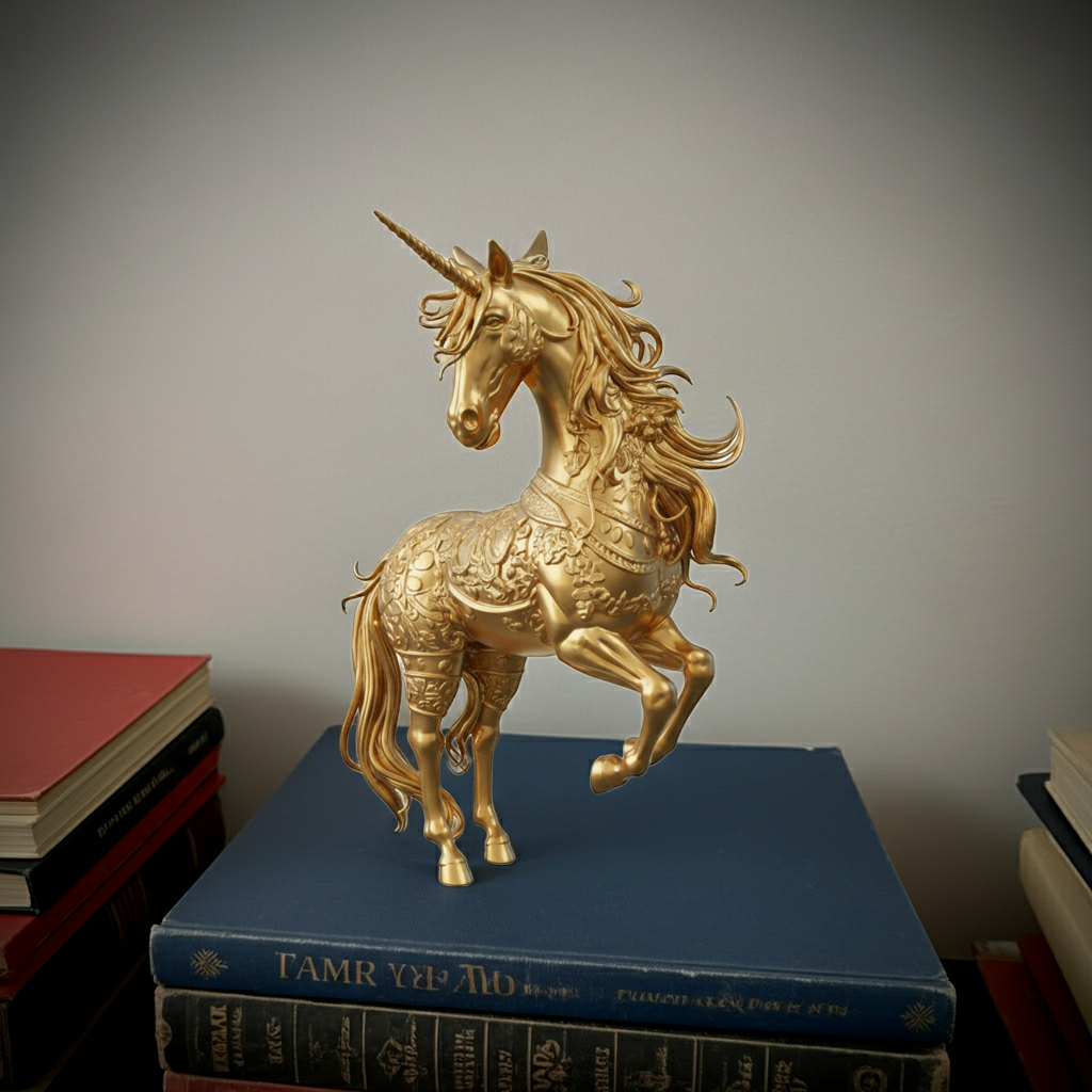 The Golden Unicorn Statue 250mm, 3D printed gold finish by MokshaGoldSculptures, displayed on blue hardcover books.