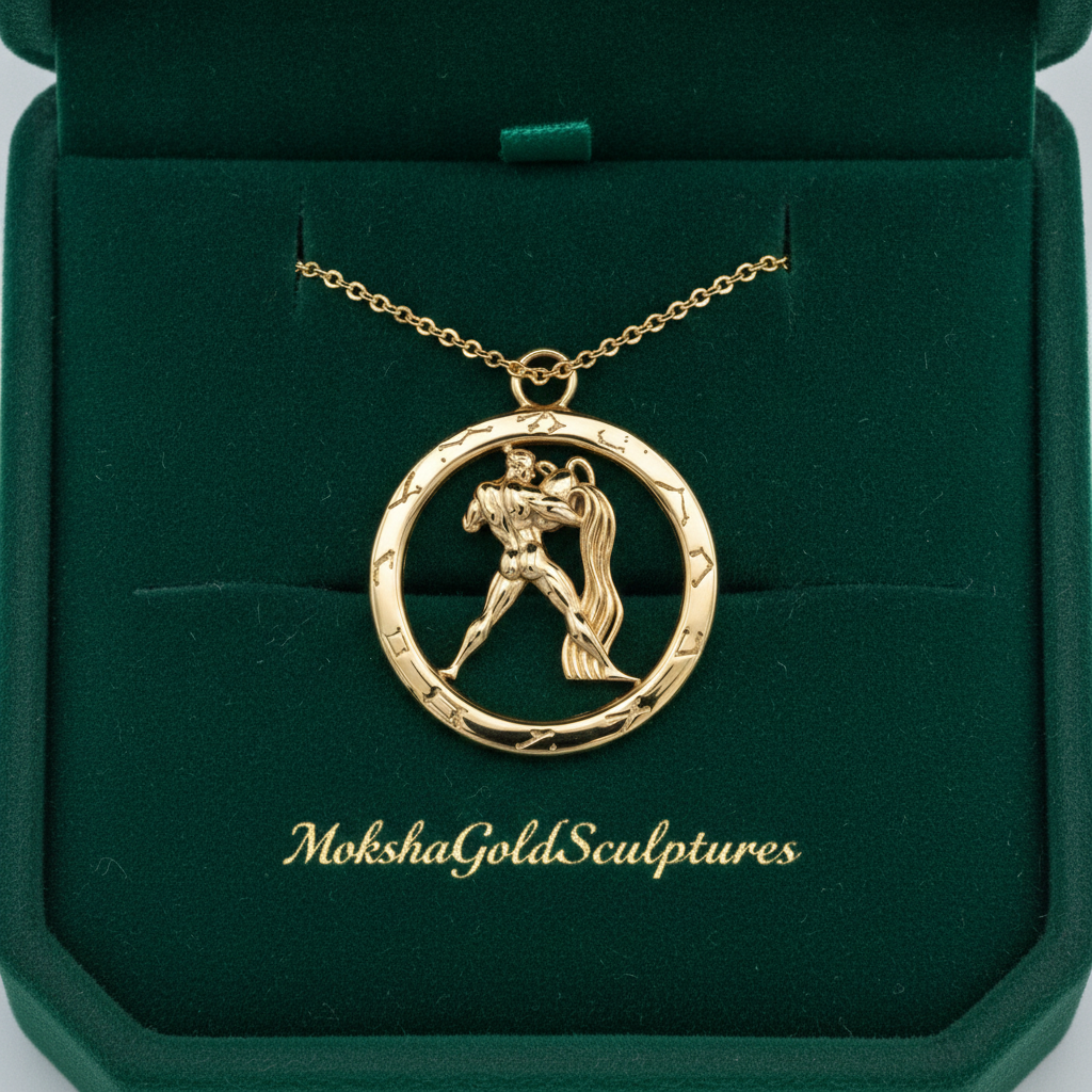 Aquarius Zodiac Pendant Necklace in 9K gold, silver, or brass by MokshaGoldSculptures in a circular frame.