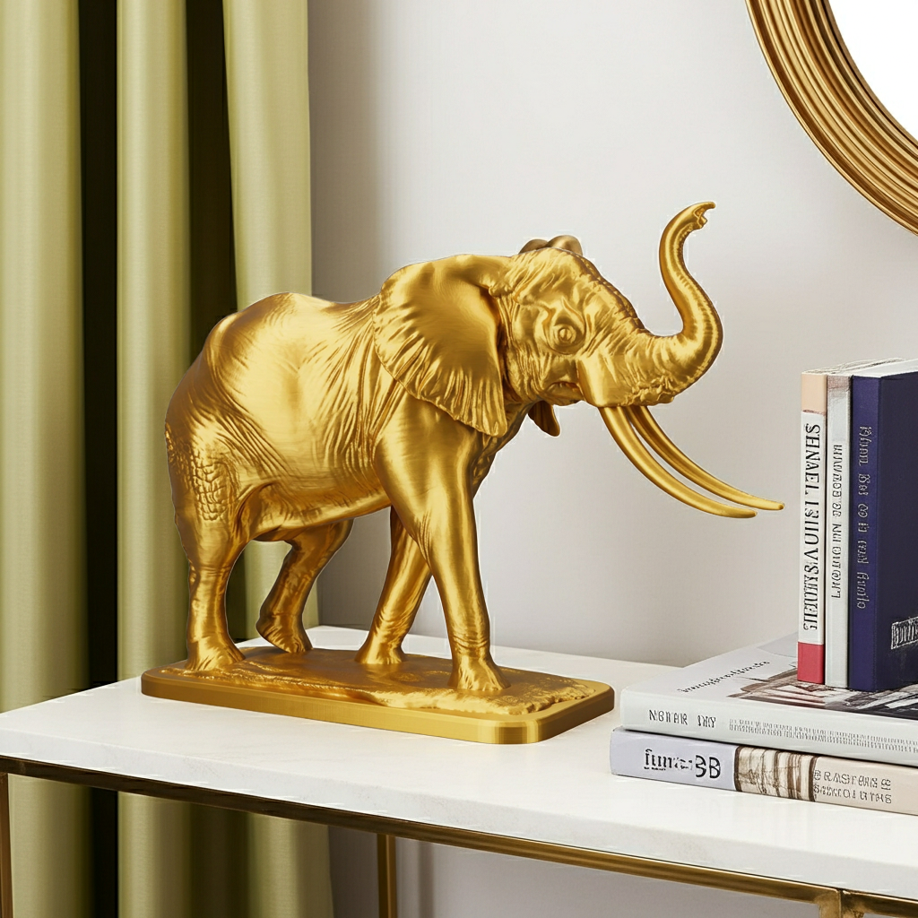 The Majestic Elephant Sculpture in gold finish by MokshaGoldSculptures, handmade decor piece displayed on a white table.