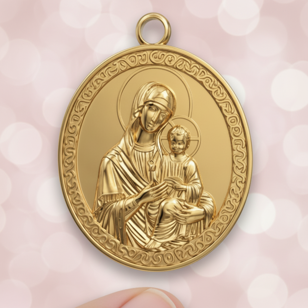 Virgin Mary & Child Coin Pendant Necklace | Blessed Mother Medallion | Christian Jewelry in 18K Gold, Sterling Silver or Yellow Brass