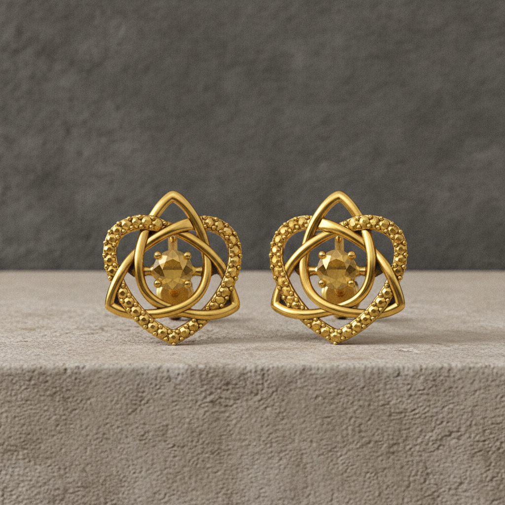 Celtic Trinity Knot Heart Stud Earrings in 9K gold, sterling silver & brass by MokshaGoldSculptures, matte finish.