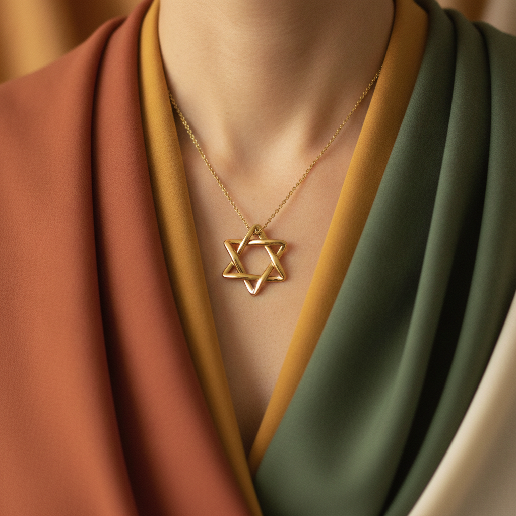 Interlaced Star of David Pendant Necklace in 18k gold by MokshaGoldSculptures, shown with earthy-toned draped fabric.
