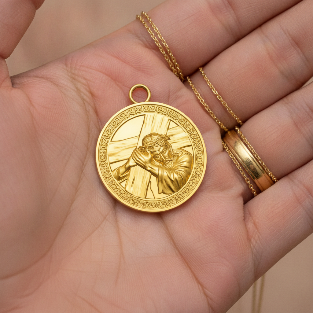 The Jesus Carrying the Cross Medallion Pendant in 9K gold, sterling silver, and brass by MokshaGoldSculptures.