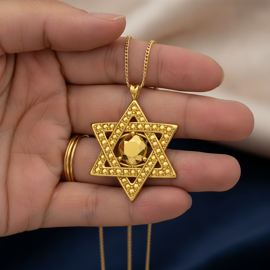 Star of David Pendant Necklace in 18K gold with yellow gemstone by MokshaGoldSculptures; two gold rings also shown.
