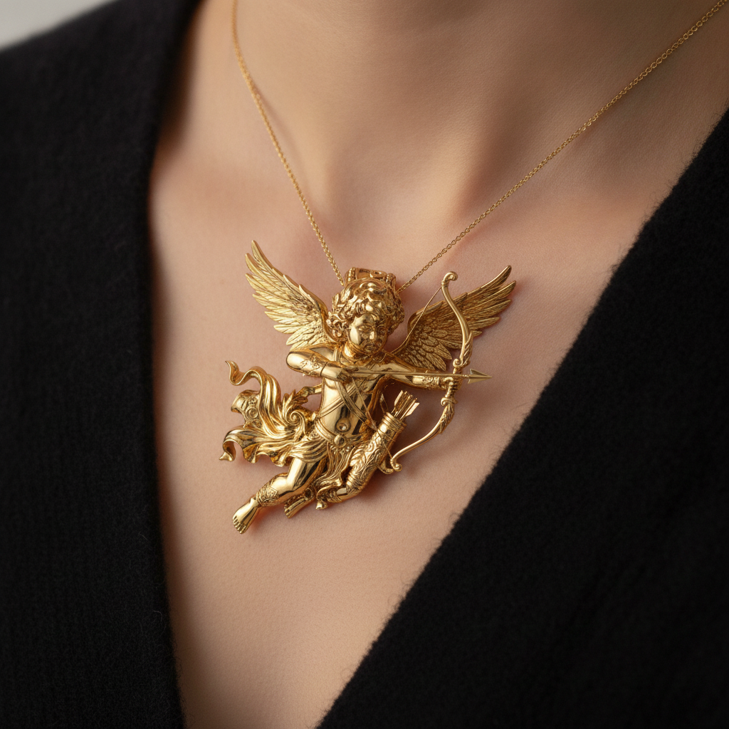 Winged Cupid Archer Pendant Necklace | Cherub Angel with Bow & Arrow | Handmade in 9K Gold, Sterling Silver & Yellow Brass