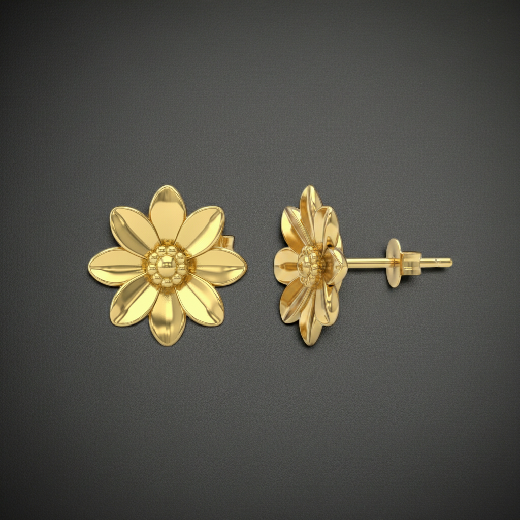 Polished Brass Flower Stud Earrings by MokshaGoldSculptures; handmade with detailed petals and textured center.