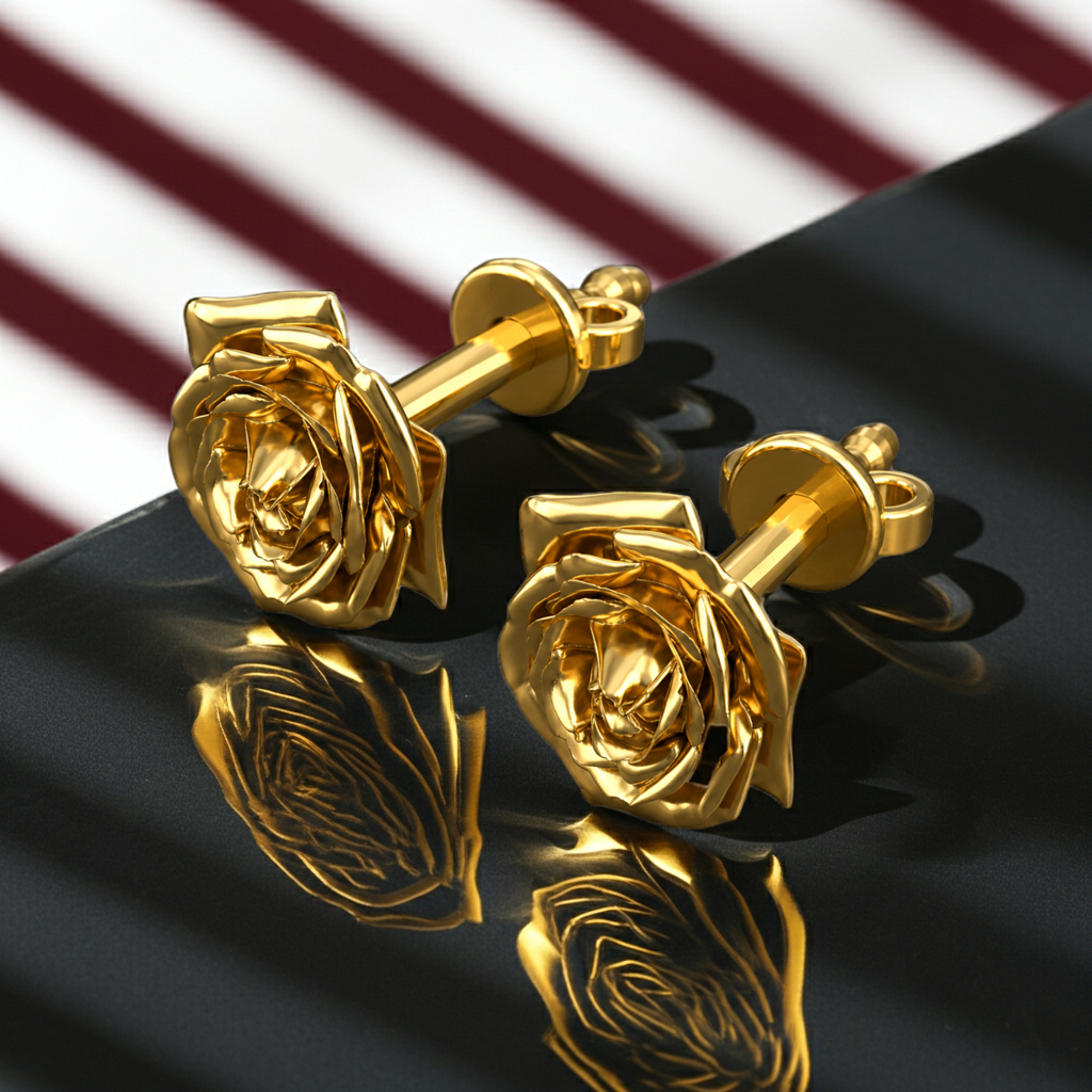 Polished Brass Rose Stud Earrings by MokshaGoldSculptures on glossy black surface, high polish finish.