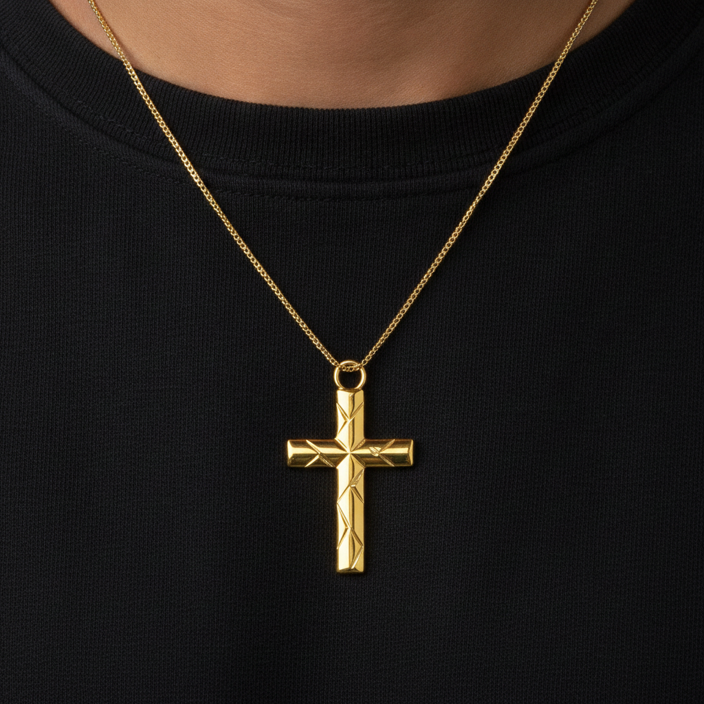 Faceted Cross Pendant Necklace in 9K gold by MokshaGoldSculptures, worn over a black shirt.