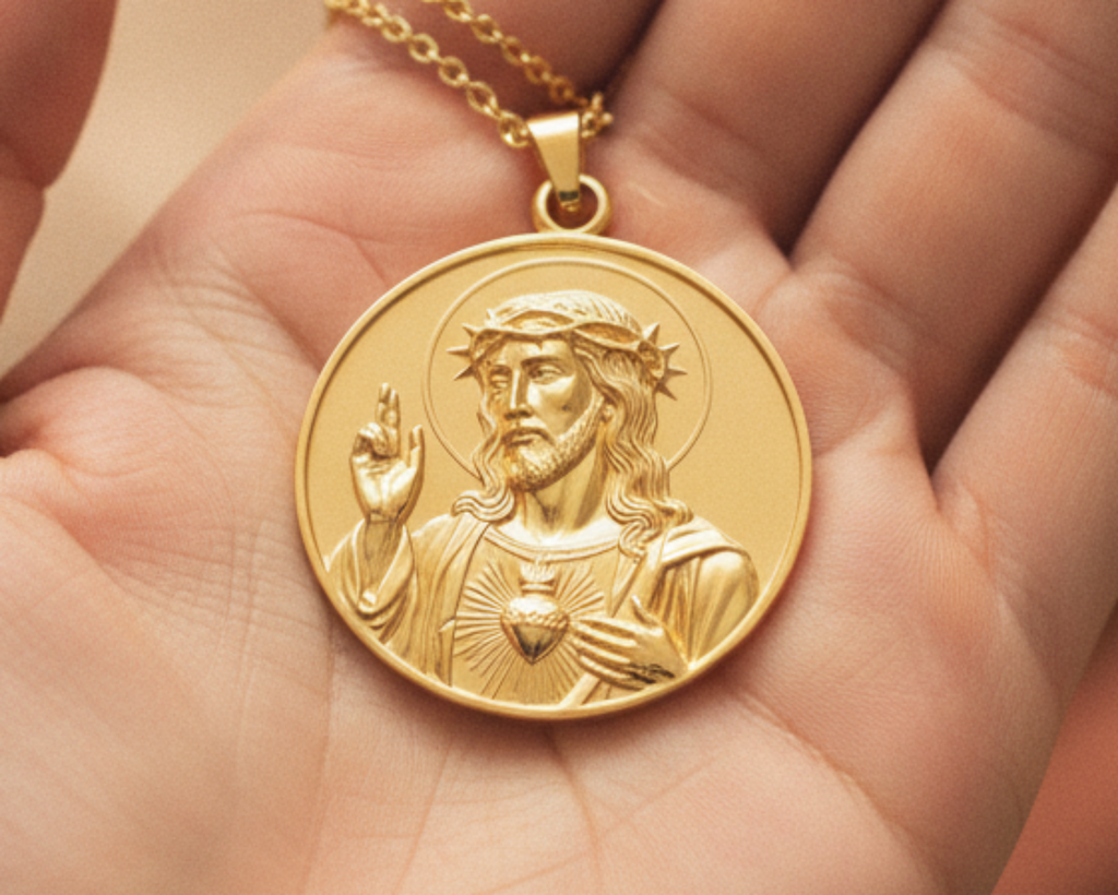 Jesus Sacred Heart Coin Pendant Necklace | 18K Gold Plated, Sterling Silver or Polished Brass | Christian Medallion | Catholic Religious Jewellery | 30mm