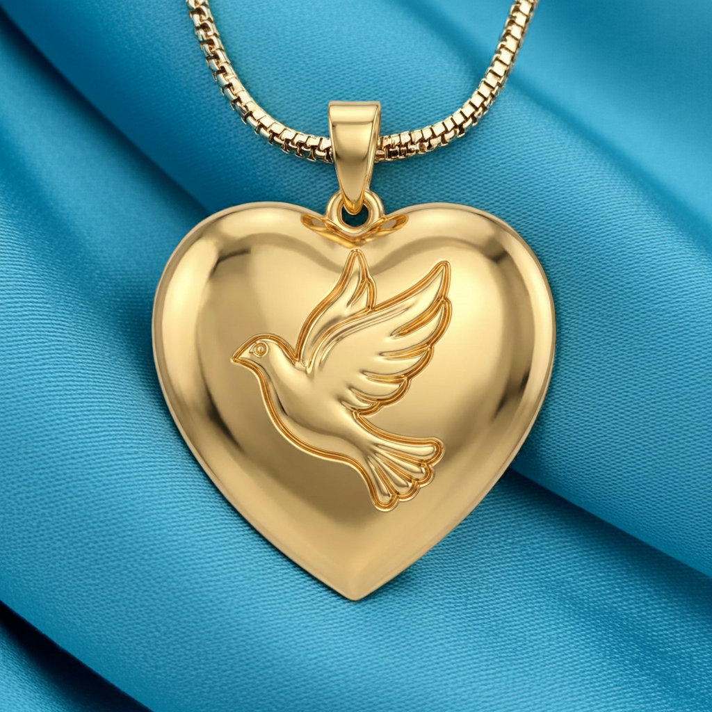Holy Spirit Dove Heart Pendant – 30mm Polished Yellow Gold – Christian Faith Necklace, Religious 3D Relief Charm