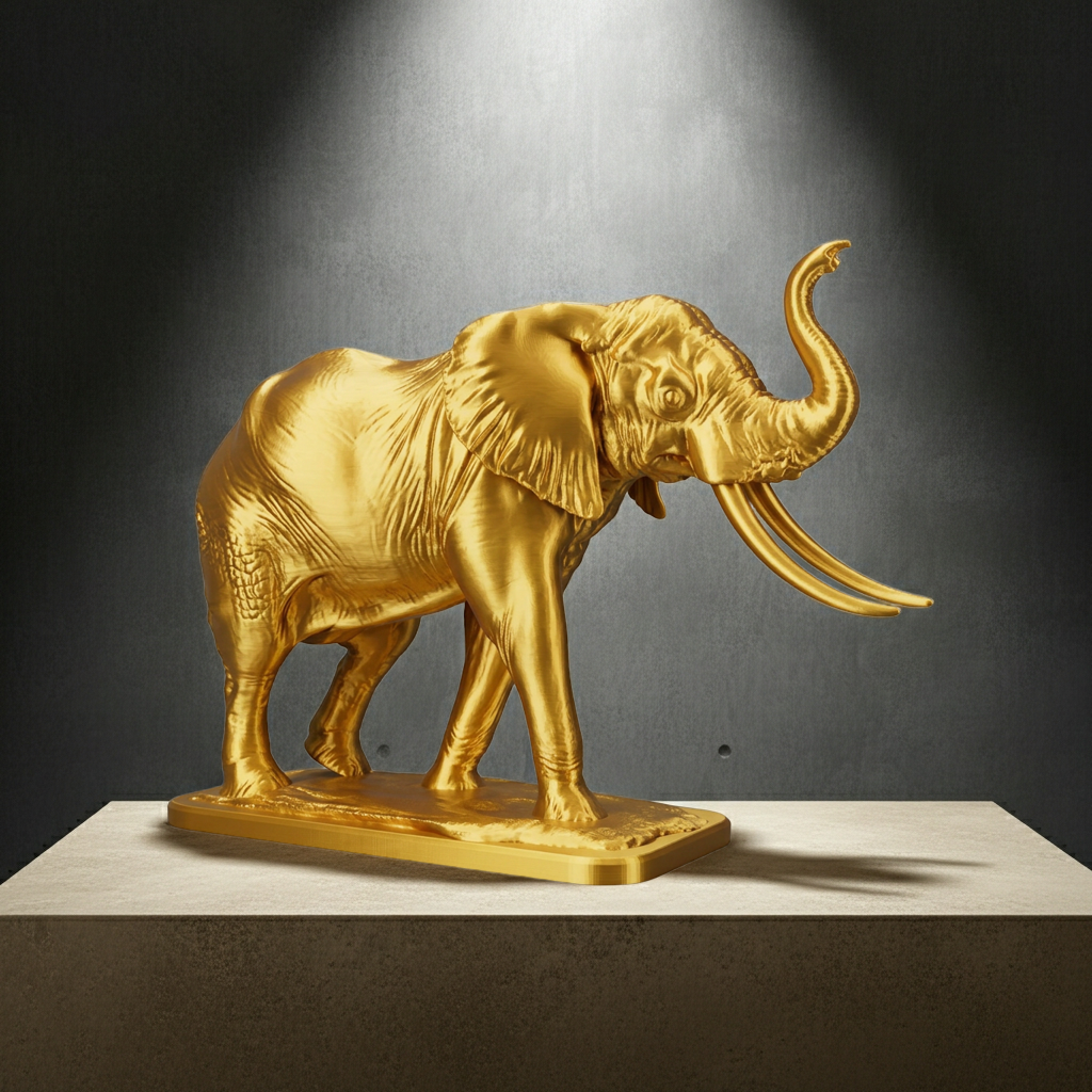 Majestic Elephant Sculpture in gold PLA finish by MokshaGoldSculptures, raised trunk, on pedestal.