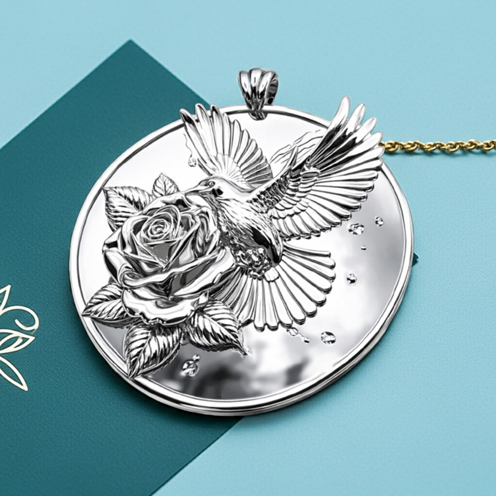 Polished Silver & Brass Hummingbird Rose Pendant Necklace | Handmade Engraved Floral Bird Jewelry | Gift for Her | Nature Inspired Charm