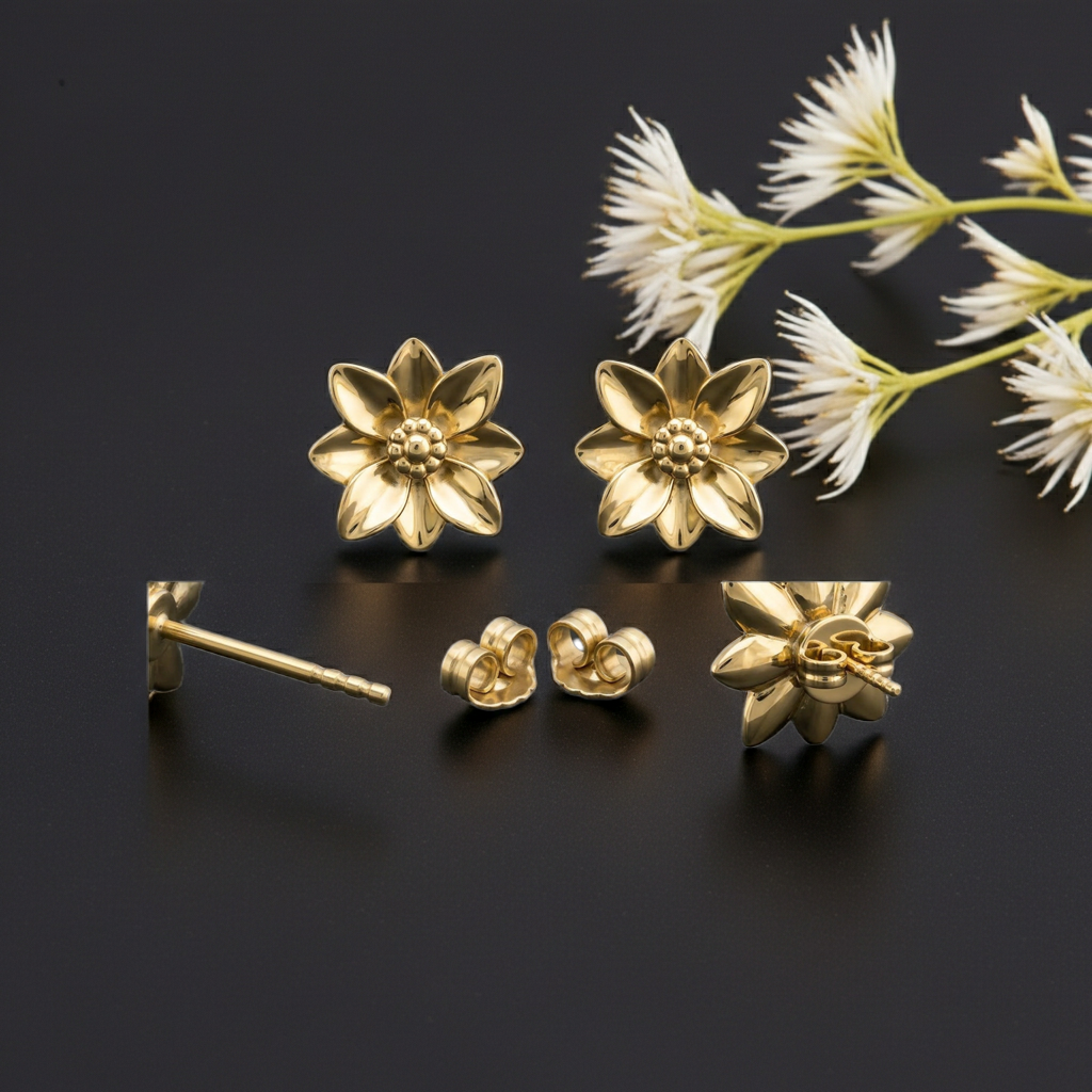 Polished Brass Flower Stud Earrings by MokshaGoldSculptures shown on black with white flowers, high polish finish.