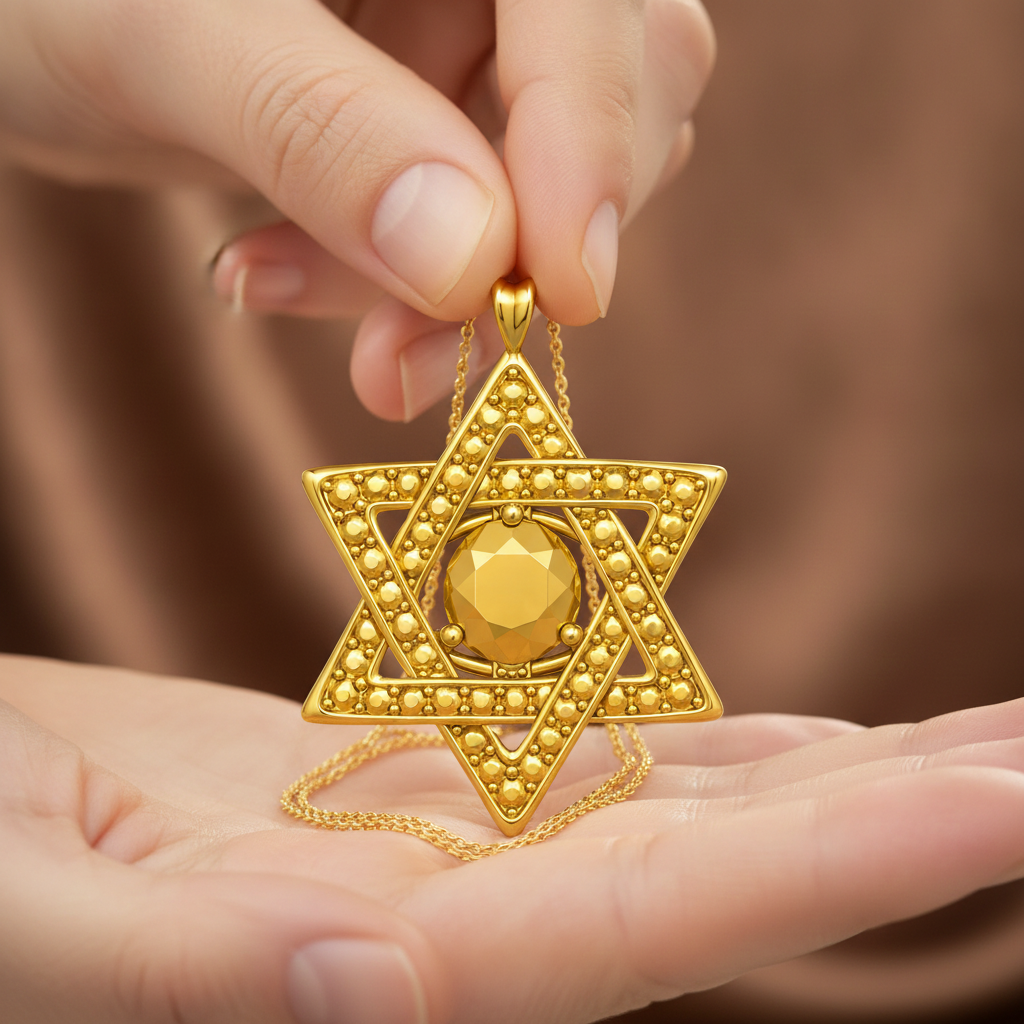 Star of David Pendant Necklace in 18K gold by MokshaGoldSculptures, shown held in hand against a soft brown background.