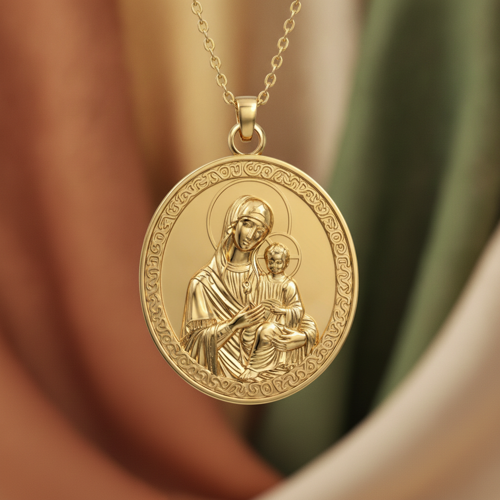 Virgin Mary & Child Coin Pendant Necklace | Blessed Mother Medallion | Christian Jewelry in 18K Gold, Sterling Silver or Yellow Brass