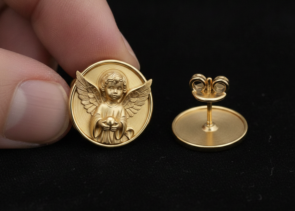 Angel Cherub Medallion Stud Earrings | 9K Gold, Sterling Silver or Brass | Celestial Angel Earrings | Religious Jewelry | Handmade Gift for Her