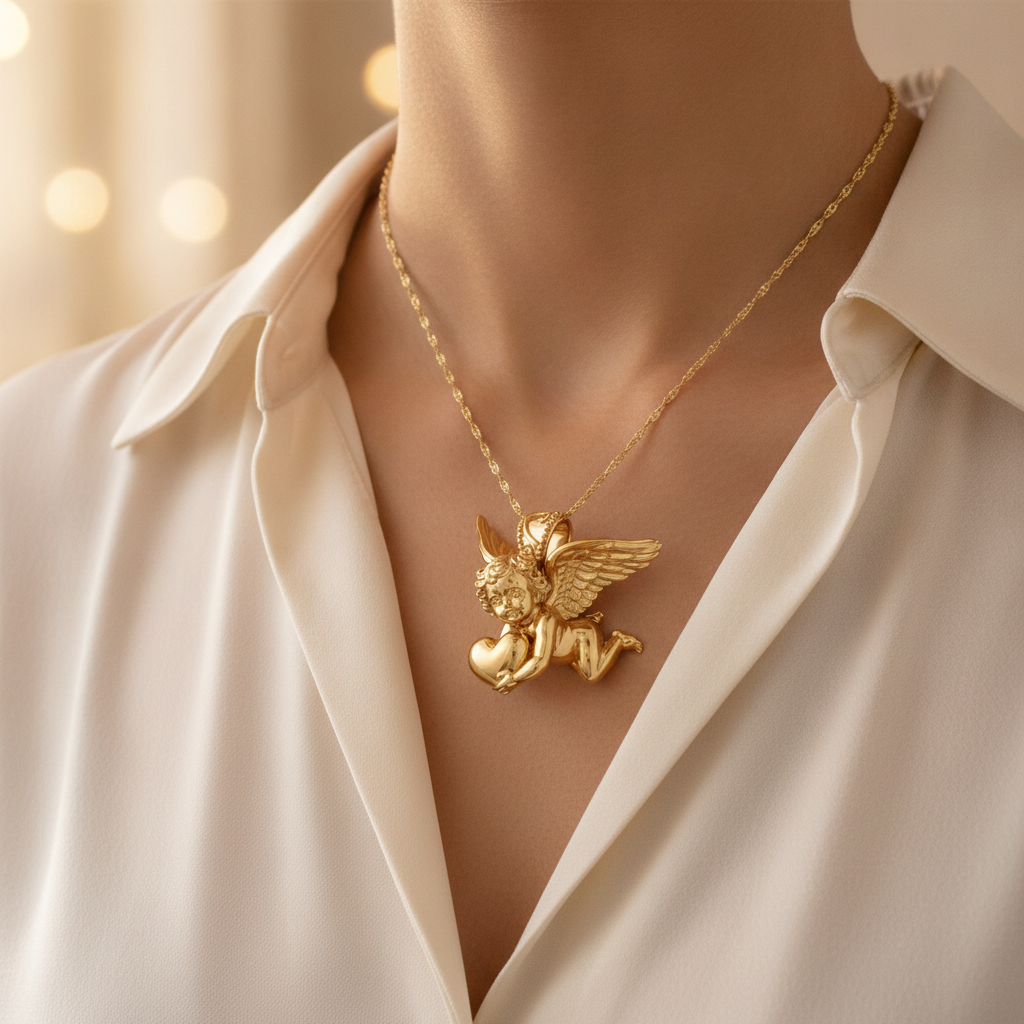 Golden Cherub with Heart Pendant Necklace | Angel of Love & Protection | 9K Gold, Sterling Silver or Polished Brass | Handmade Religious Jewelry Gift