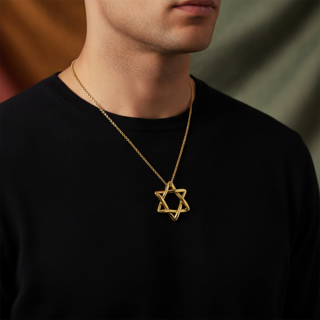 Interlaced Star of David Pendant Necklace in polished yellow brass by MokshaGoldSculptures worn on black shirt.