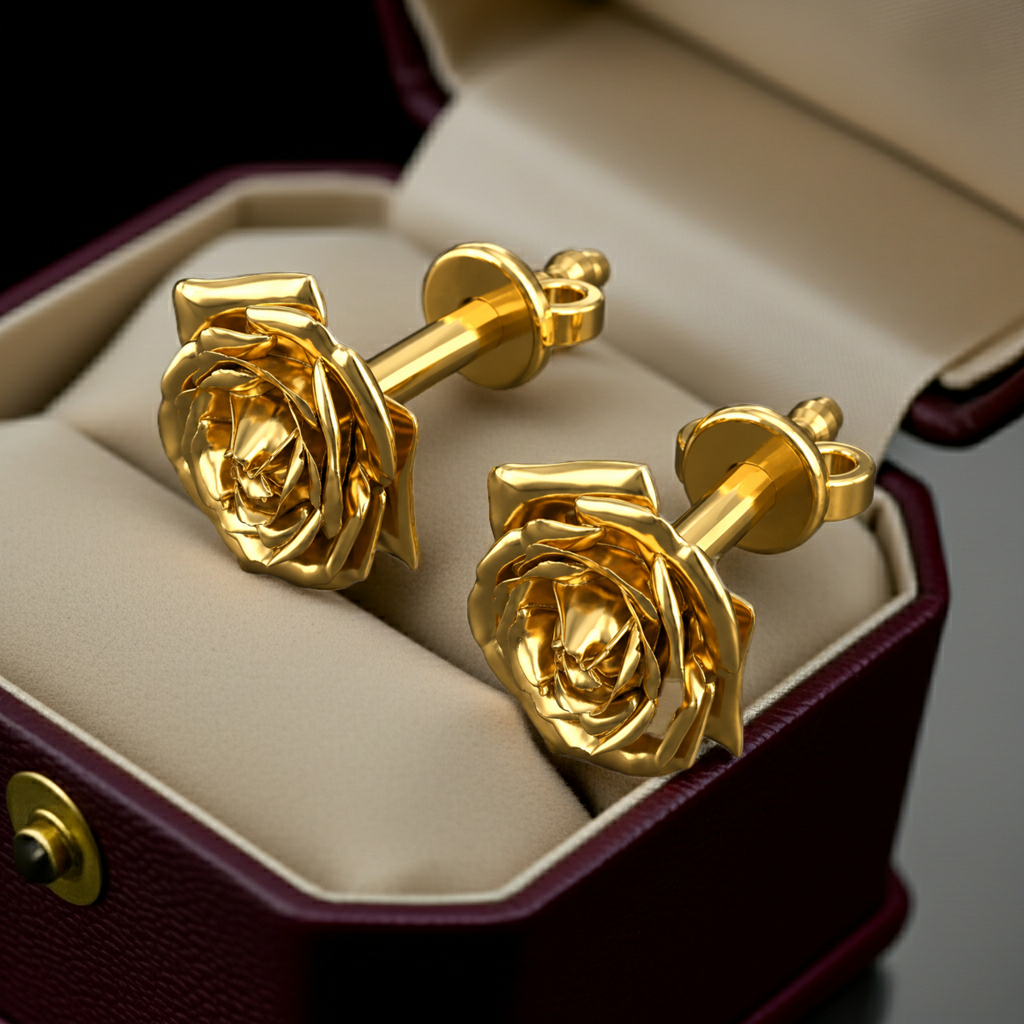 Rose stud earrings in polished brass by MokshaGoldSculptures, sculptural floral design in cream-lined maroon box.
