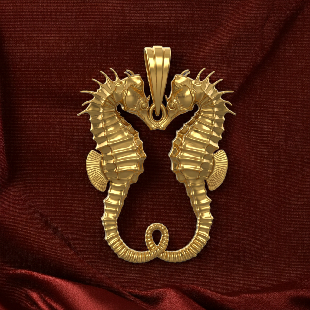 The Seahorse Couple Pendant Necklace in gold by MokshaGoldSculptures, seahorses' tails form a heart.