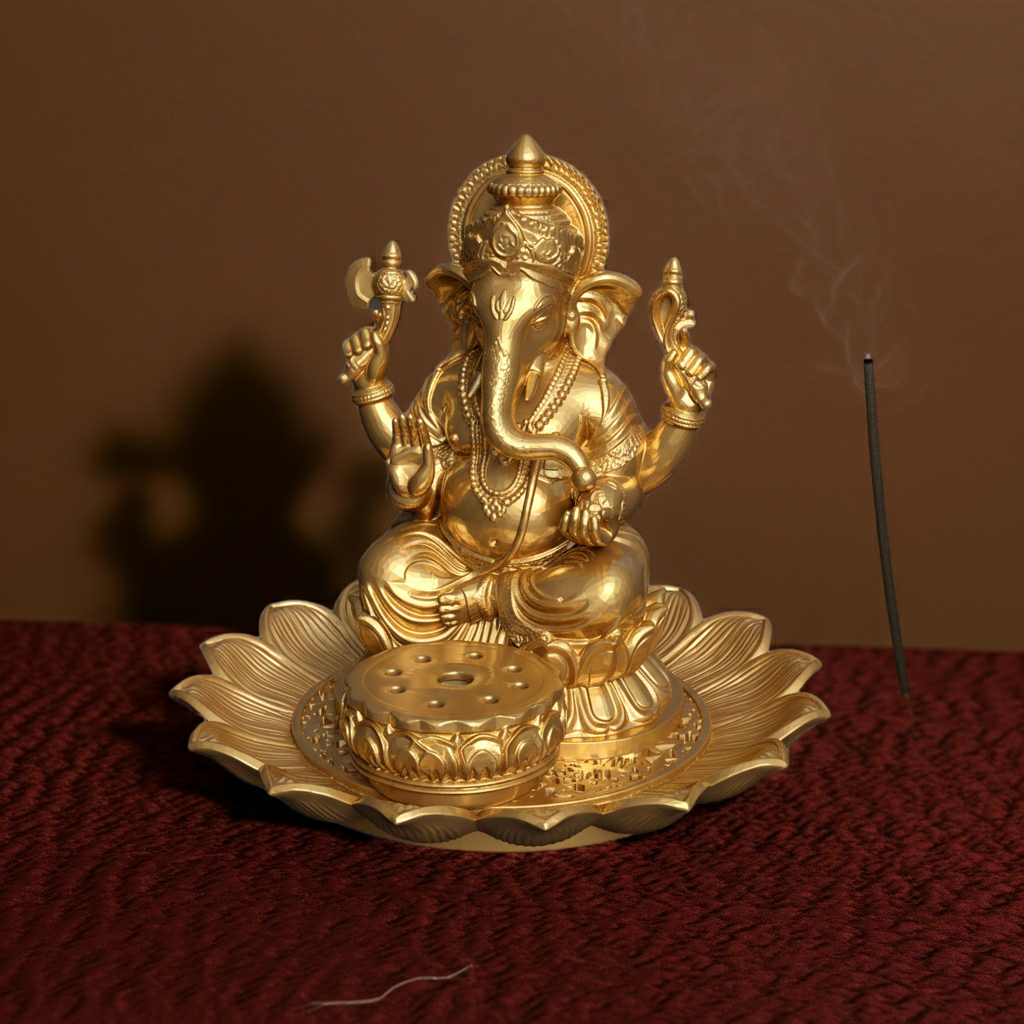 Golden Ganesh Incense Holder with Lotus Base – PLA 3D Printed Spiritual Decor – Meditation Ash Catcher – Hindu Home Temple Gift – Free Shipping