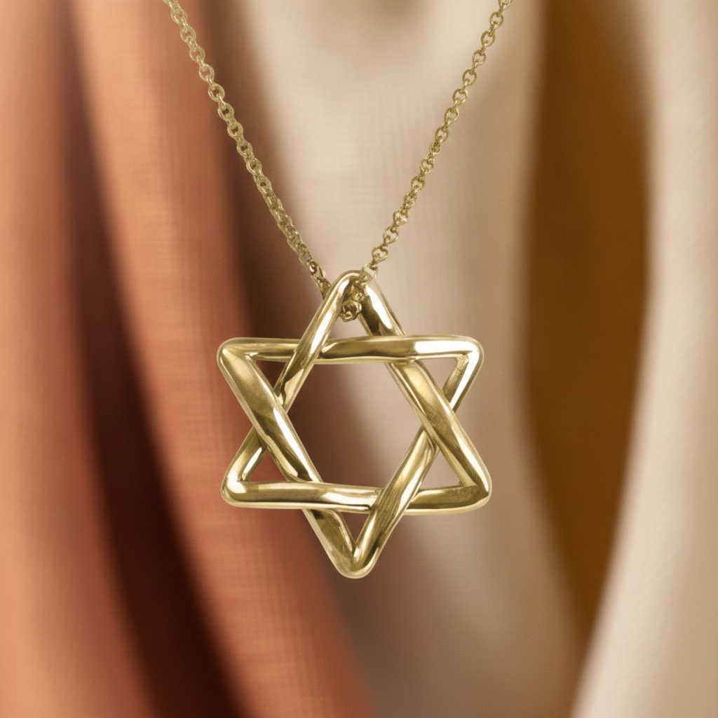 The Interlaced Star of David Pendant Necklace in 18K gold by MokshaGoldSculptures, minimalist hexagram on fine chain.