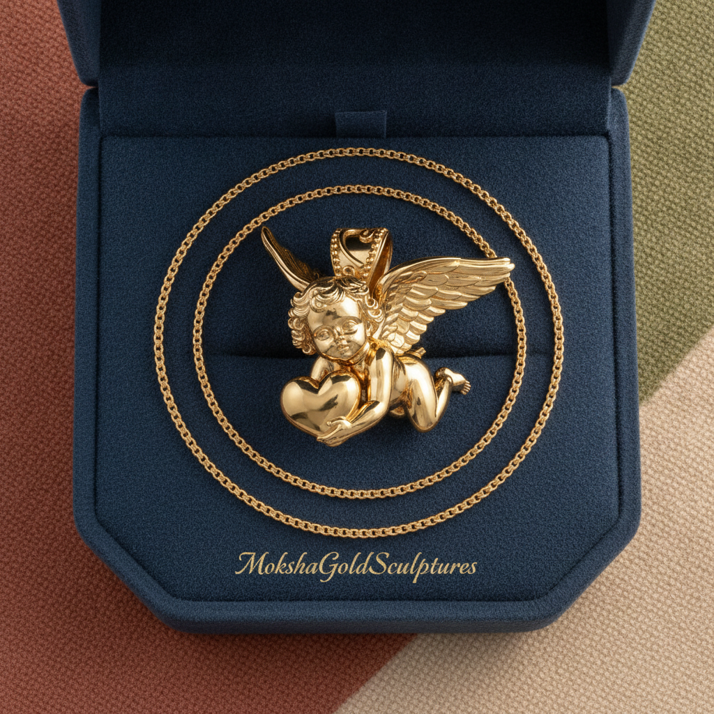 Golden Cherub with Heart Pendant Necklace | Angel of Love & Protection | 9K Gold, Sterling Silver or Polished Brass | Handmade Religious Jewelry Gift