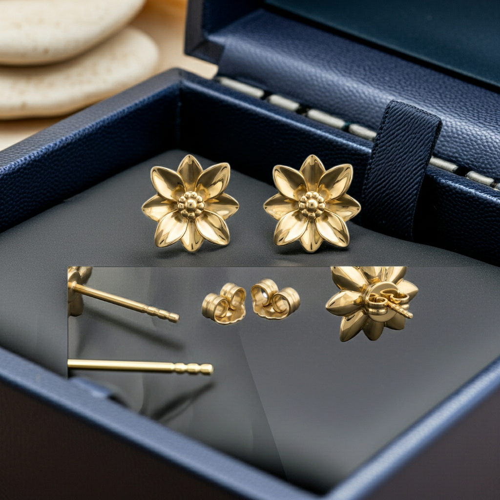 Polished Brass Flower Stud Earrings by MokshaGoldSculptures in open box, close-up shows handmade floral detail.