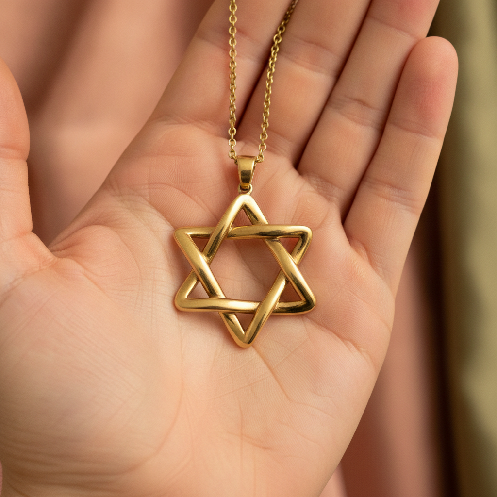 Interlaced Star of David Pendant Necklace in 18K gold, silver, yellow brass by MokshaGoldSculptures.