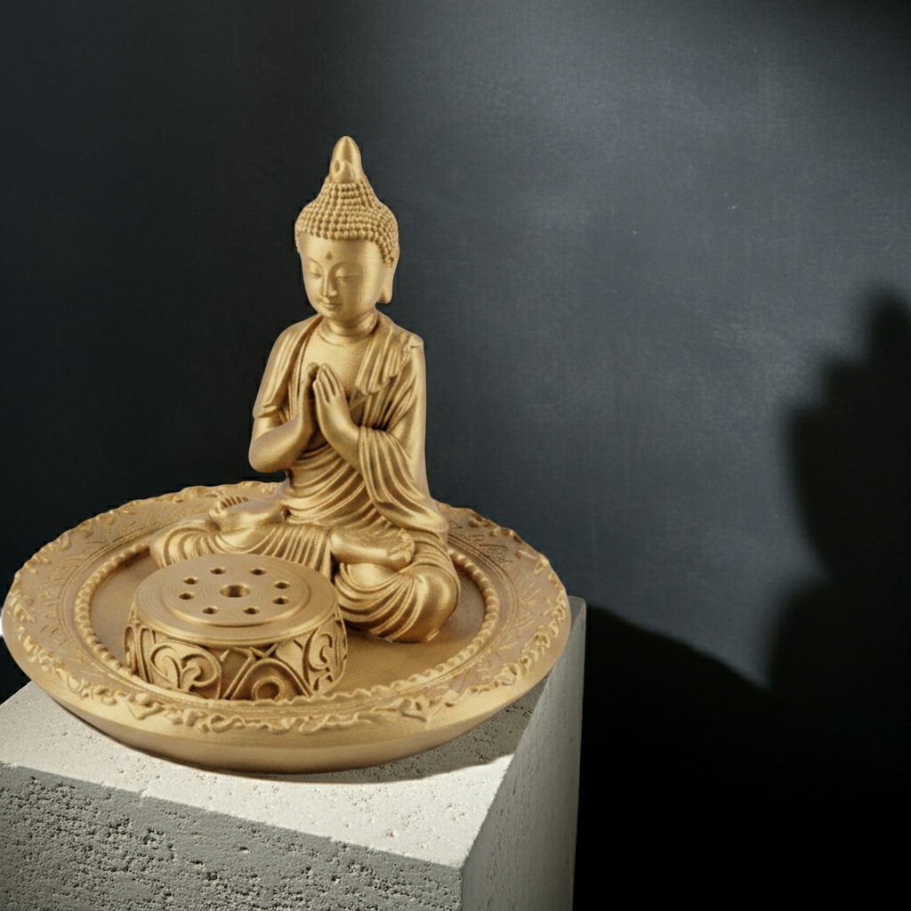 The Buddha Incense Holder Tray in PLA gold finish by MokshaGoldSculptures with praying Buddha on ornate tray.