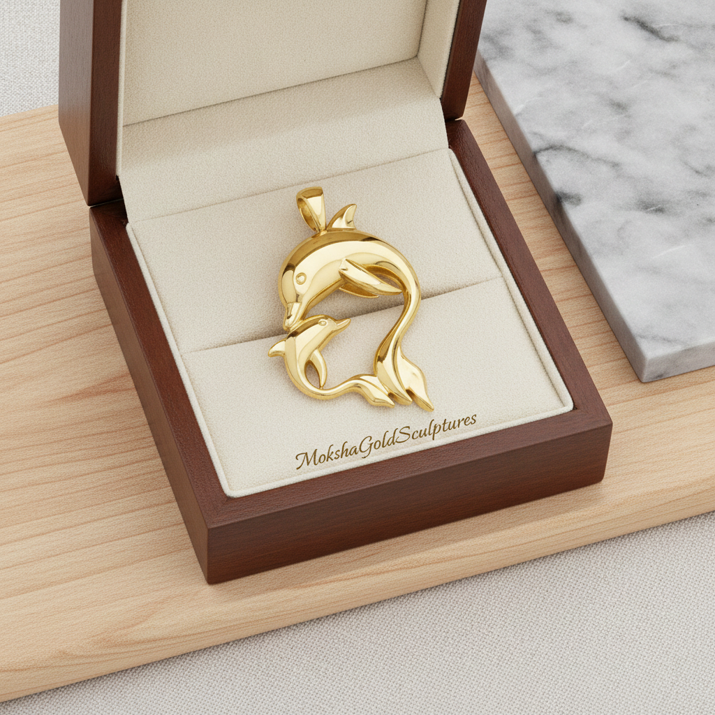 The Dolphin Mother & Baby Pendant Necklace in 18K white gold high polish by MokshaGoldSculptures.